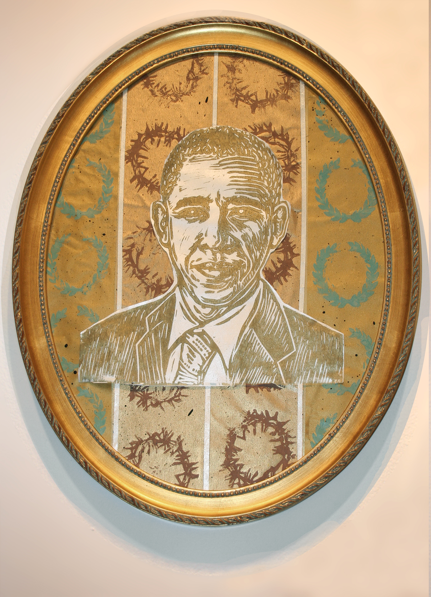 Block print collage of President Obama in an oval frame