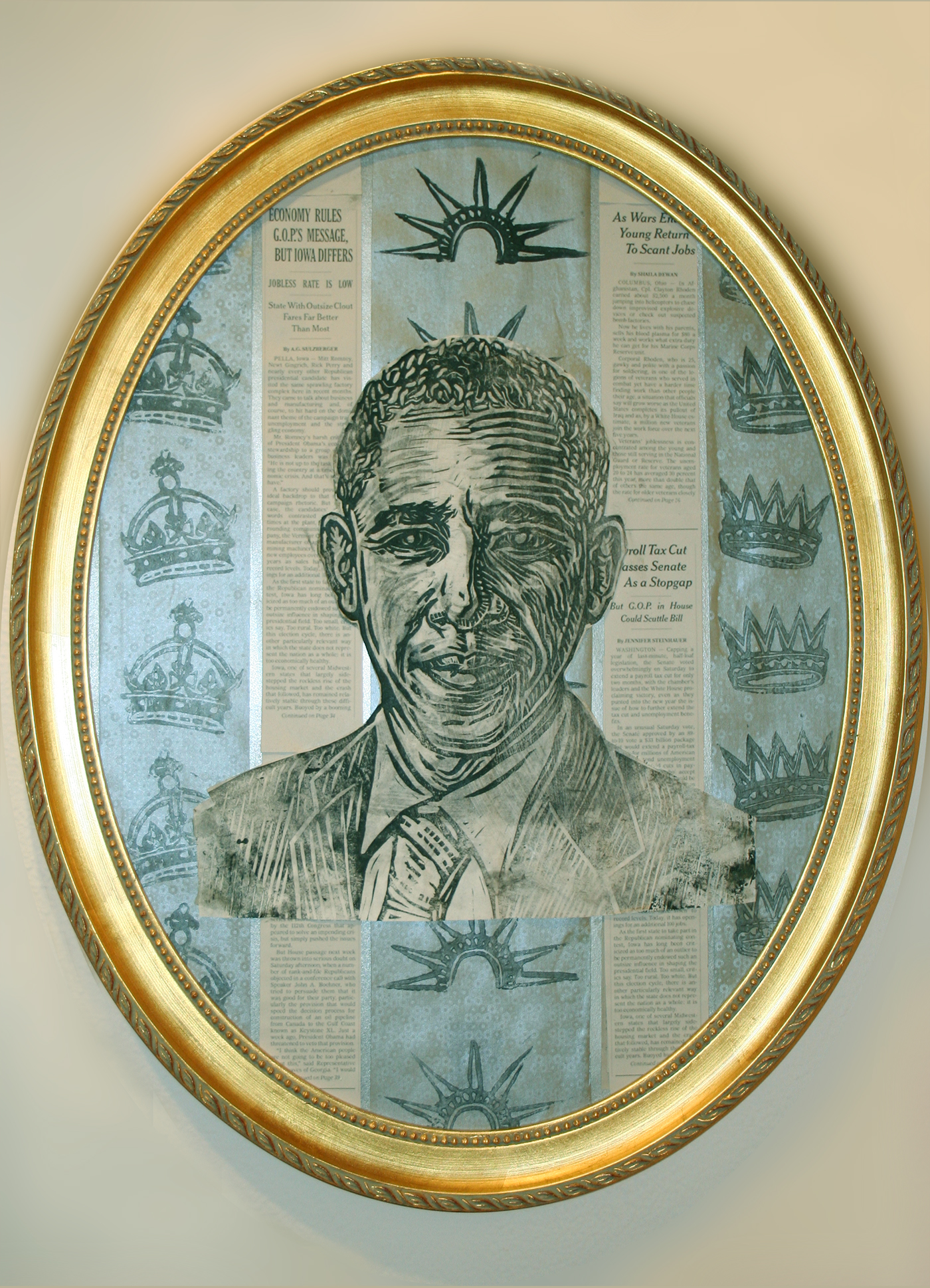 block print collage of president Obama in an oval frame