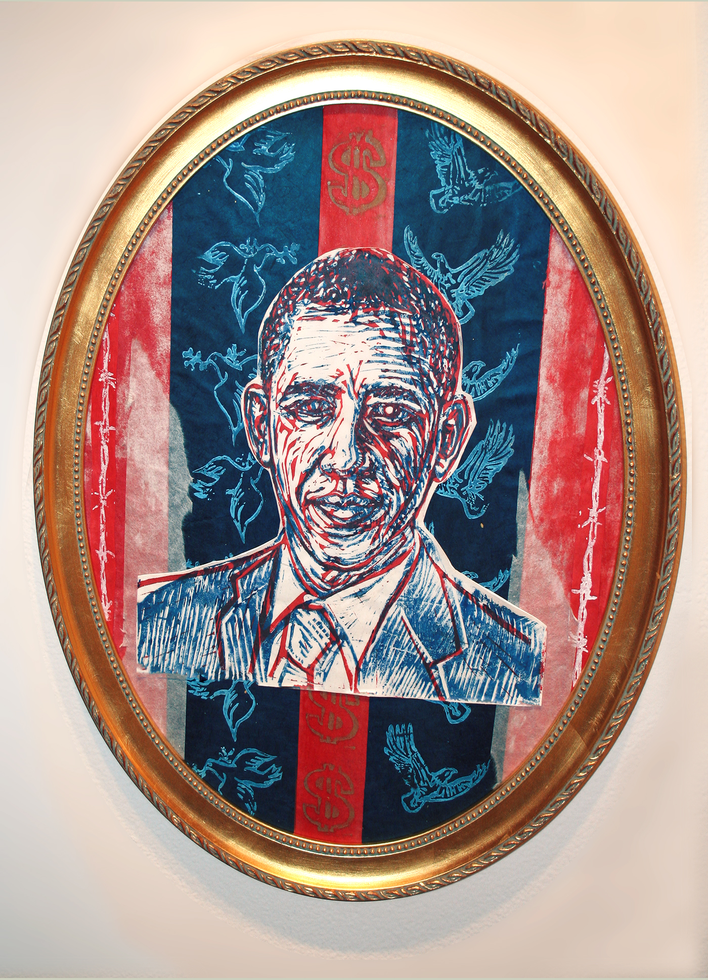 block print collage of president Obama in an oval frame