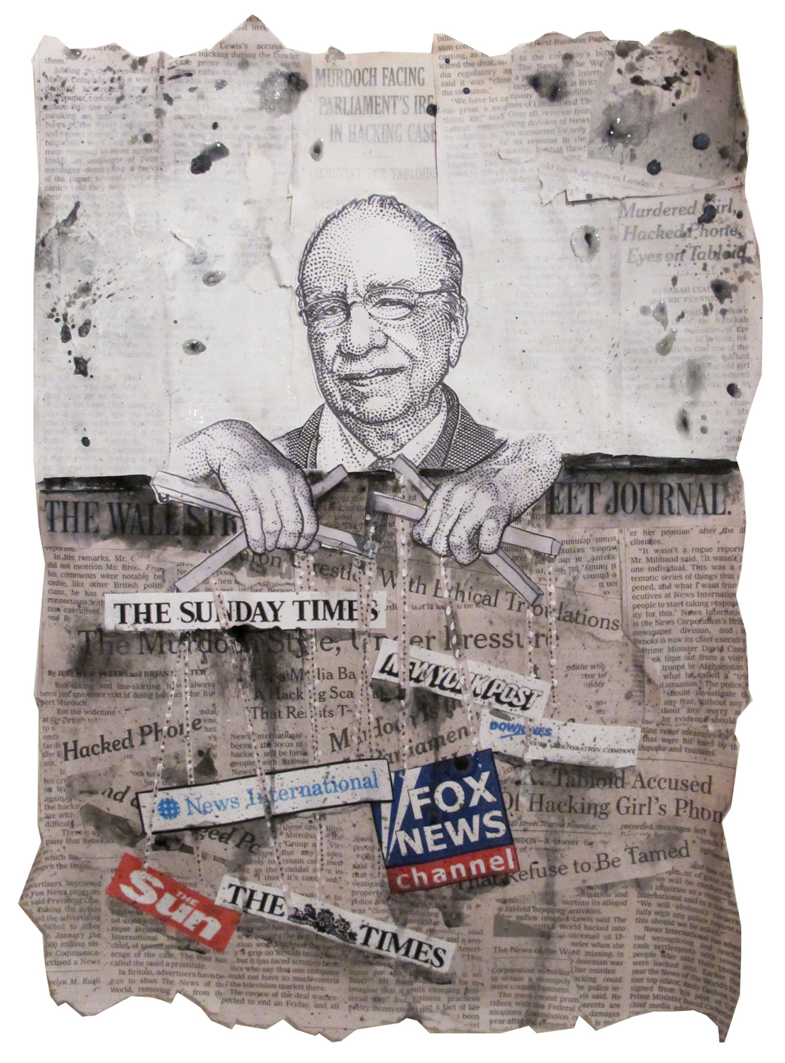 Dort drawing on collaged newspaper of Rupert Murdoch as a puppet-master with media logos