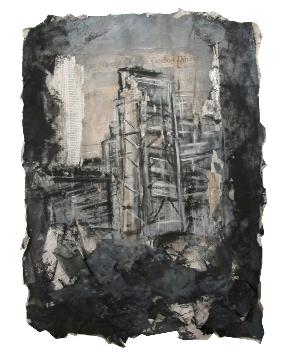 Drawing of scaffolding made on burnt newspaper