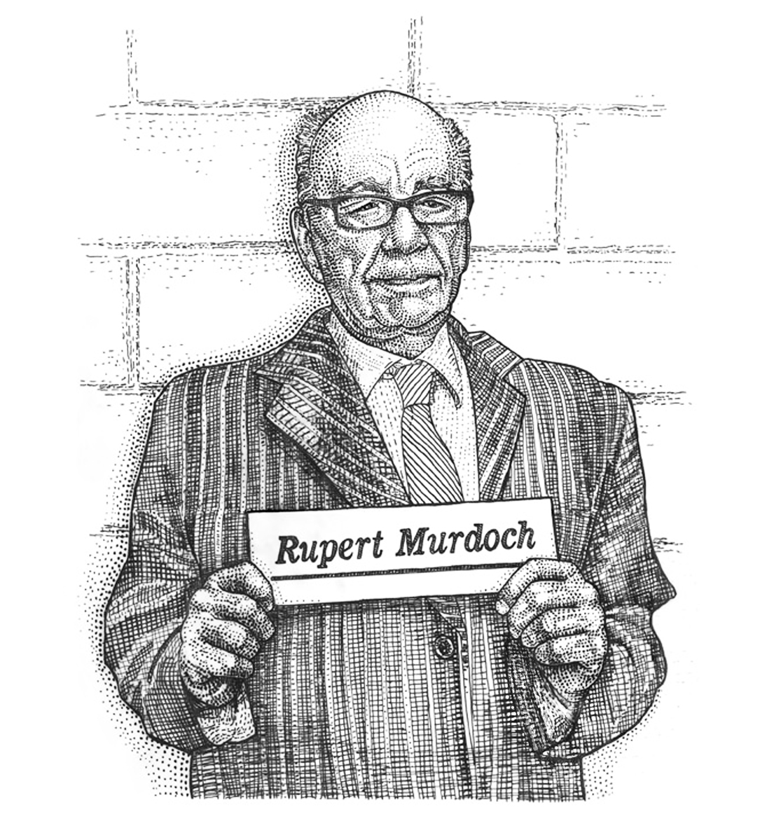 ink dot drawing of Rupert Murdoch in mugshot style