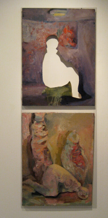 Two paintings stacked with a figure cut from the first painting dropped into the second