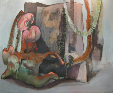 Two abject figures in a surreal space with partial walls and handing tubes