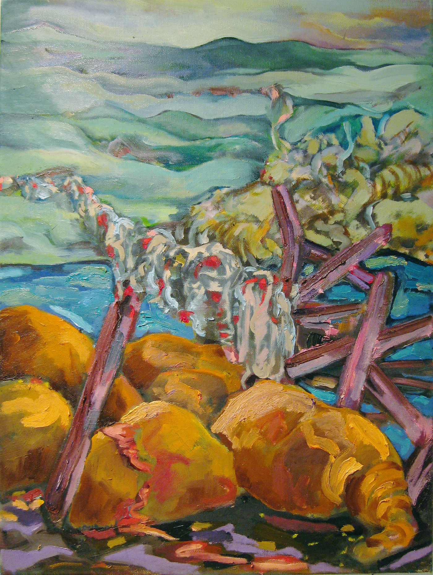 A colorful surreal landscape with water, hills, mounds and rags