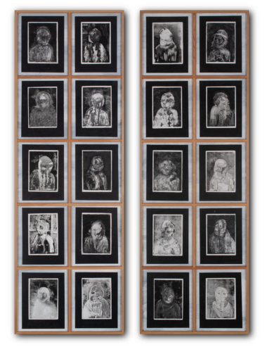 20 black and grey monotype prints of portraits fading in and out of legibility mounted in wooden window panes.