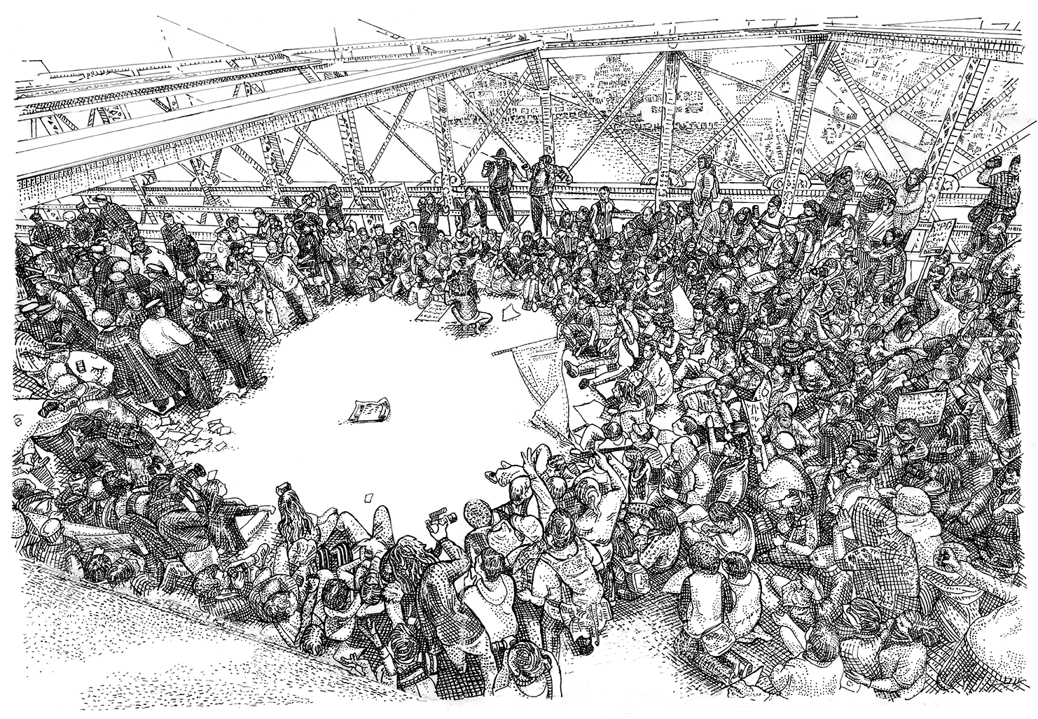 Occupied Wall Street Journal stipple ink illustration of occupy activists sitting on a circle on a bridge