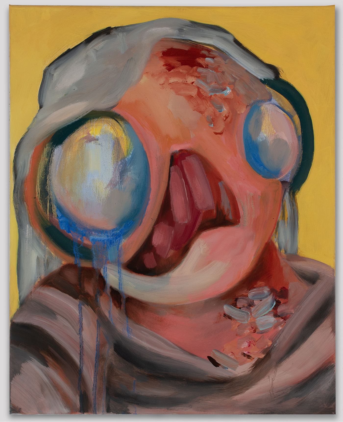 Colorful oil painting of a surreal human-like figure cropped to the head and shoulders.