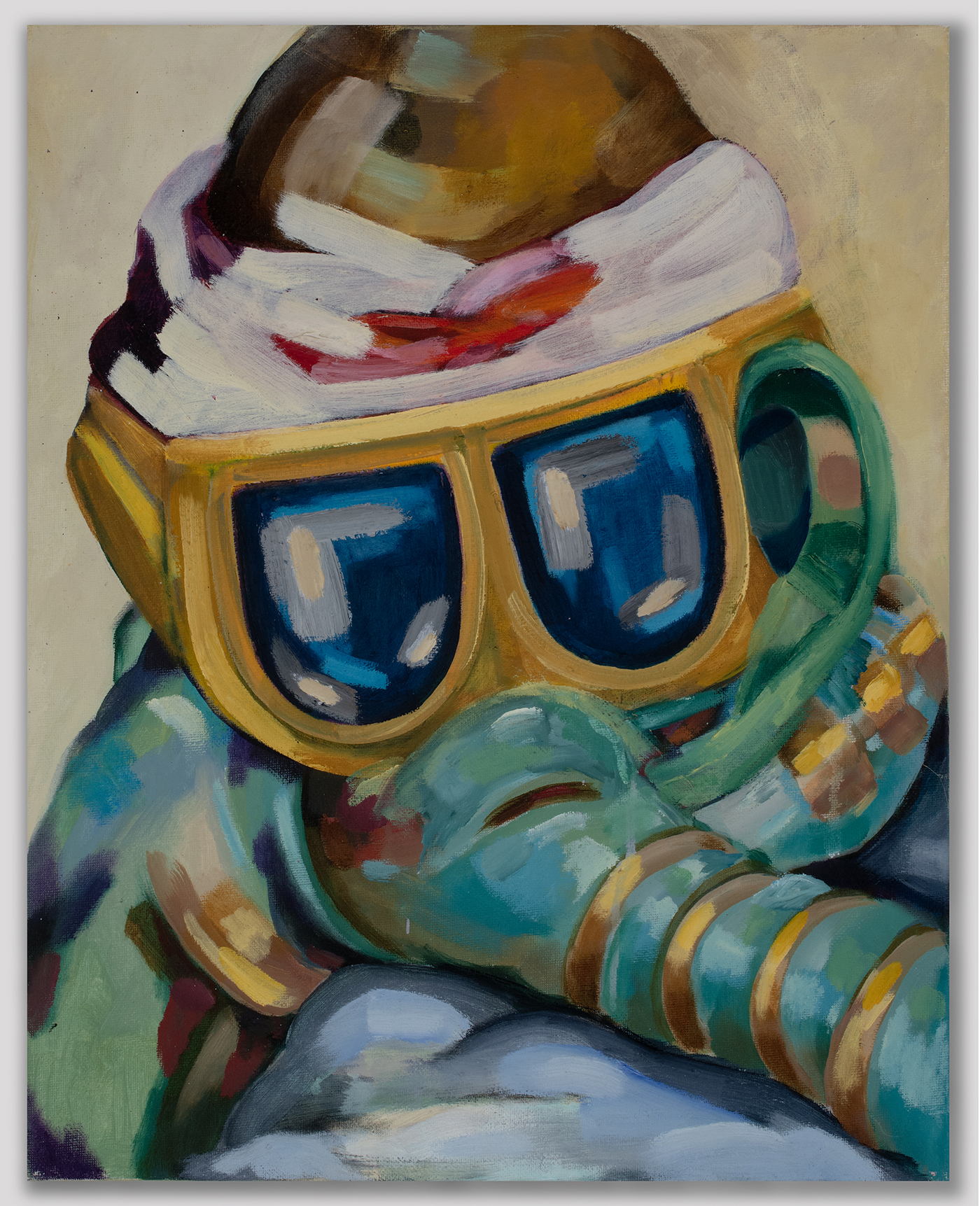 Colorful oil painting of a surreal human-like figure cropped to the head and shoulders.