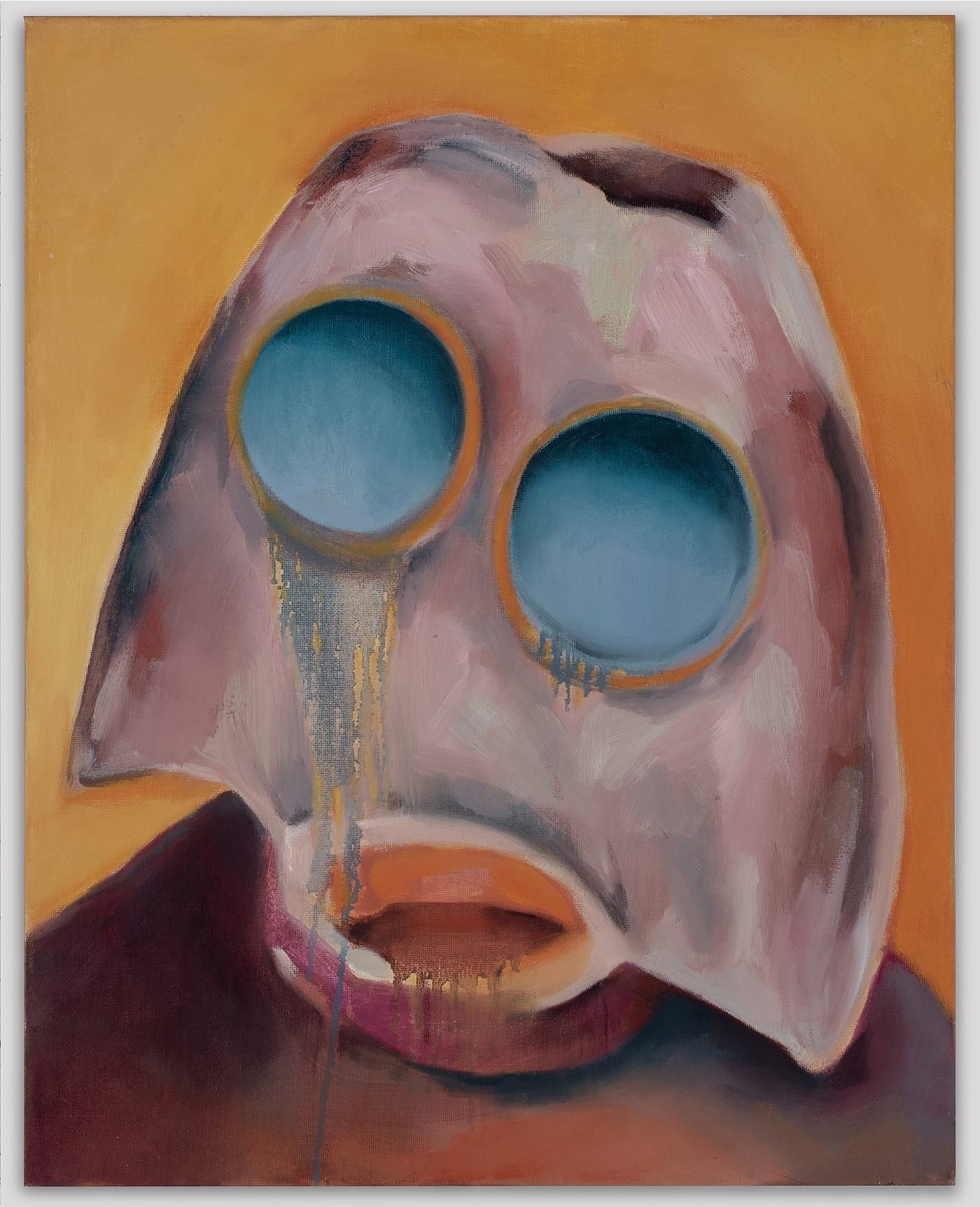 Colorful oil painting of a surreal human-like figure cropped to the head and shoulders.