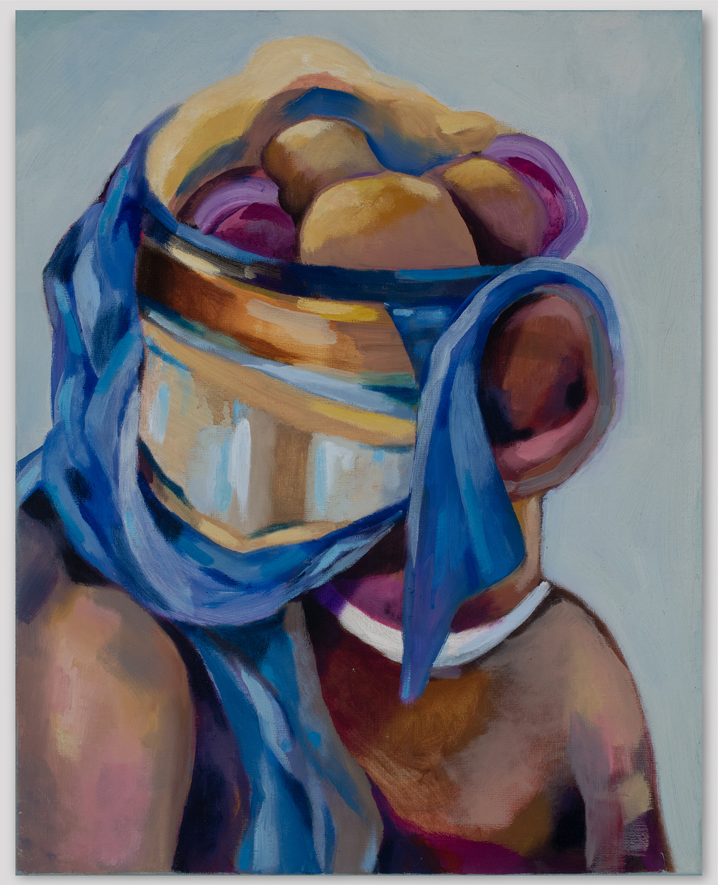 Colorful oil painting of a surreal human-like figure cropped to the head and shoulders.
