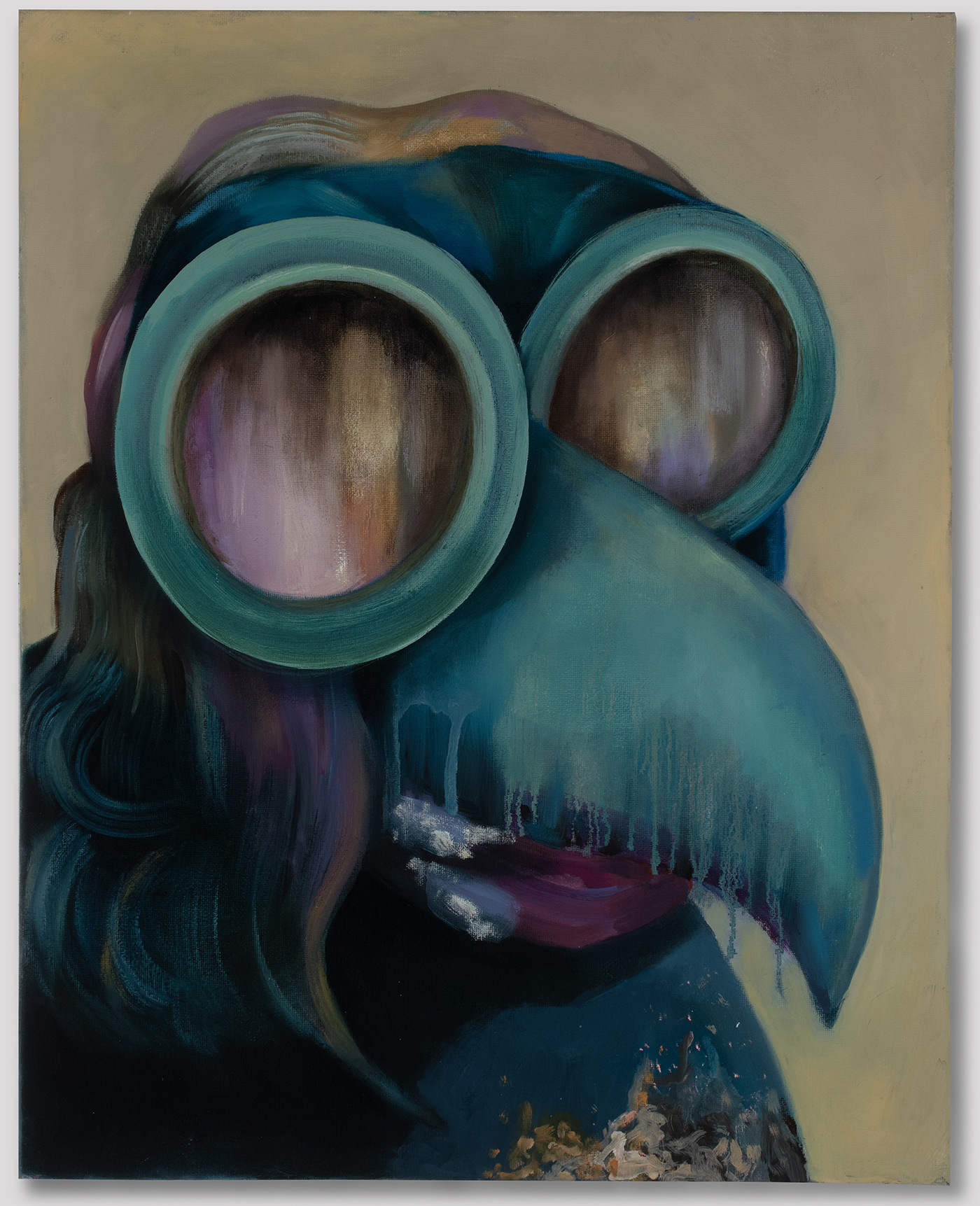 Colorful oil painting of a surreal human-like figure cropped to the head and shoulders.