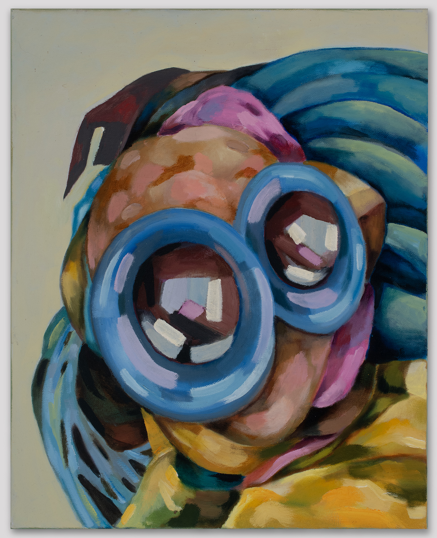 Colorful oil painting of a surreal human-like figure cropped to the head and shoulders.