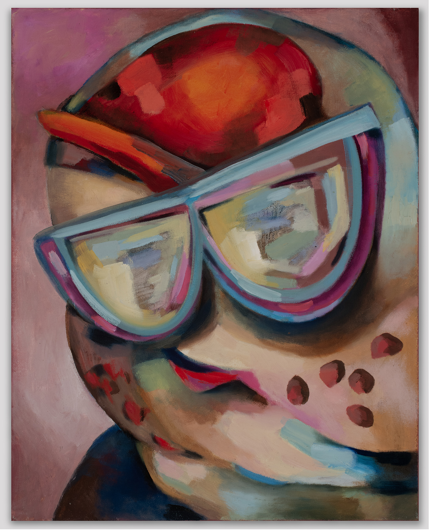Colorful oil painting of a surreal human-like figure cropped to the head and shoulders.