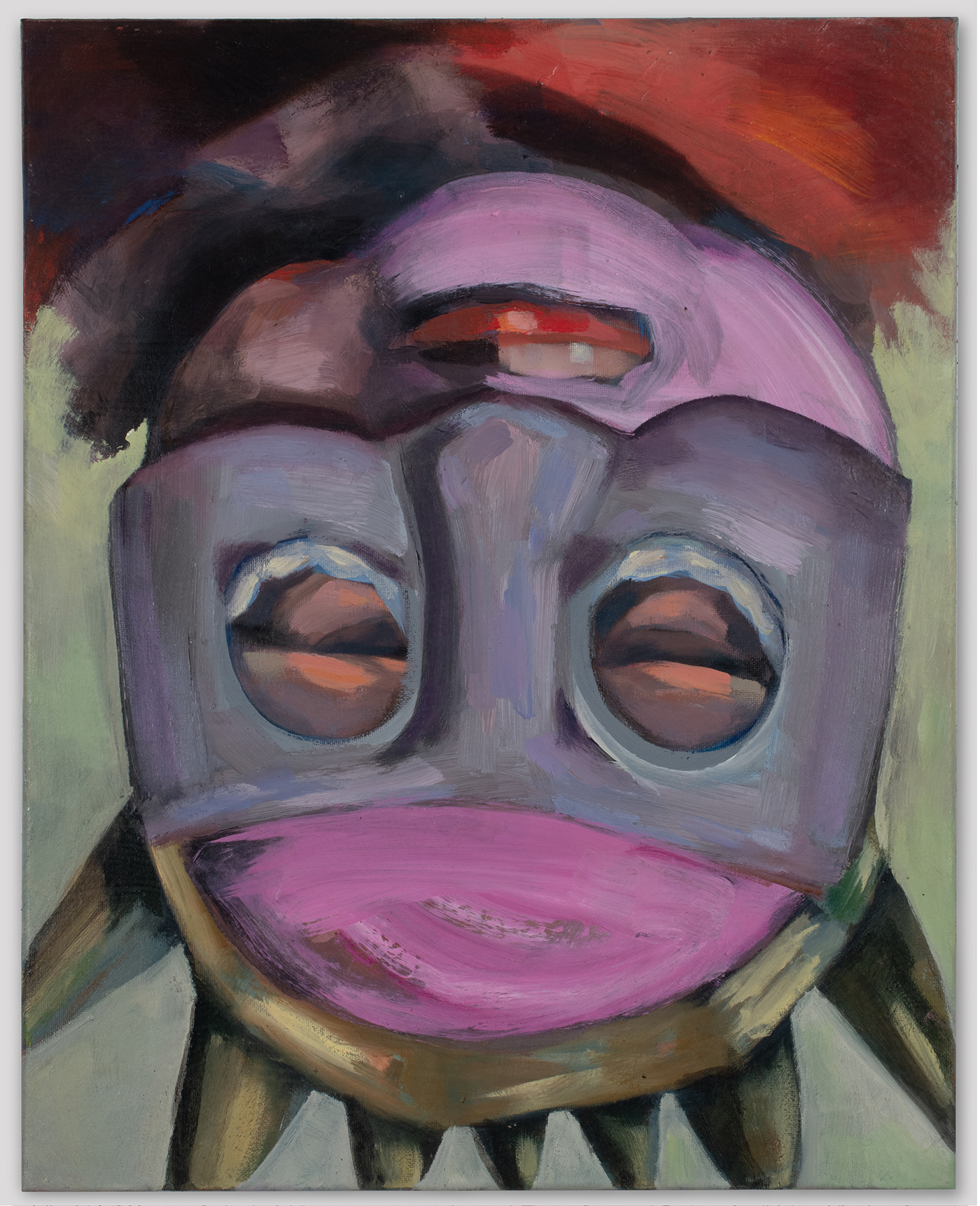Colorful oil painting of a surreal human-like figure cropped to the head and shoulders and hanging upside down.