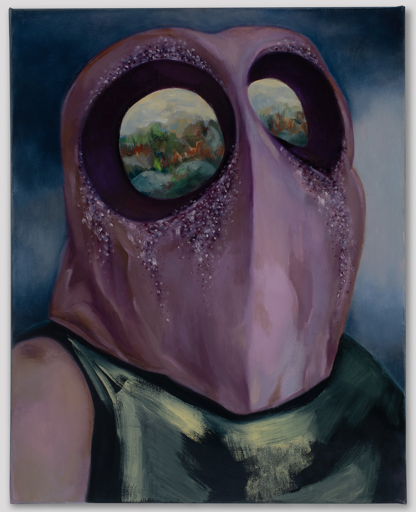 Colorful oil painting of a surreal human-like figure cropped to the head and shoulders.