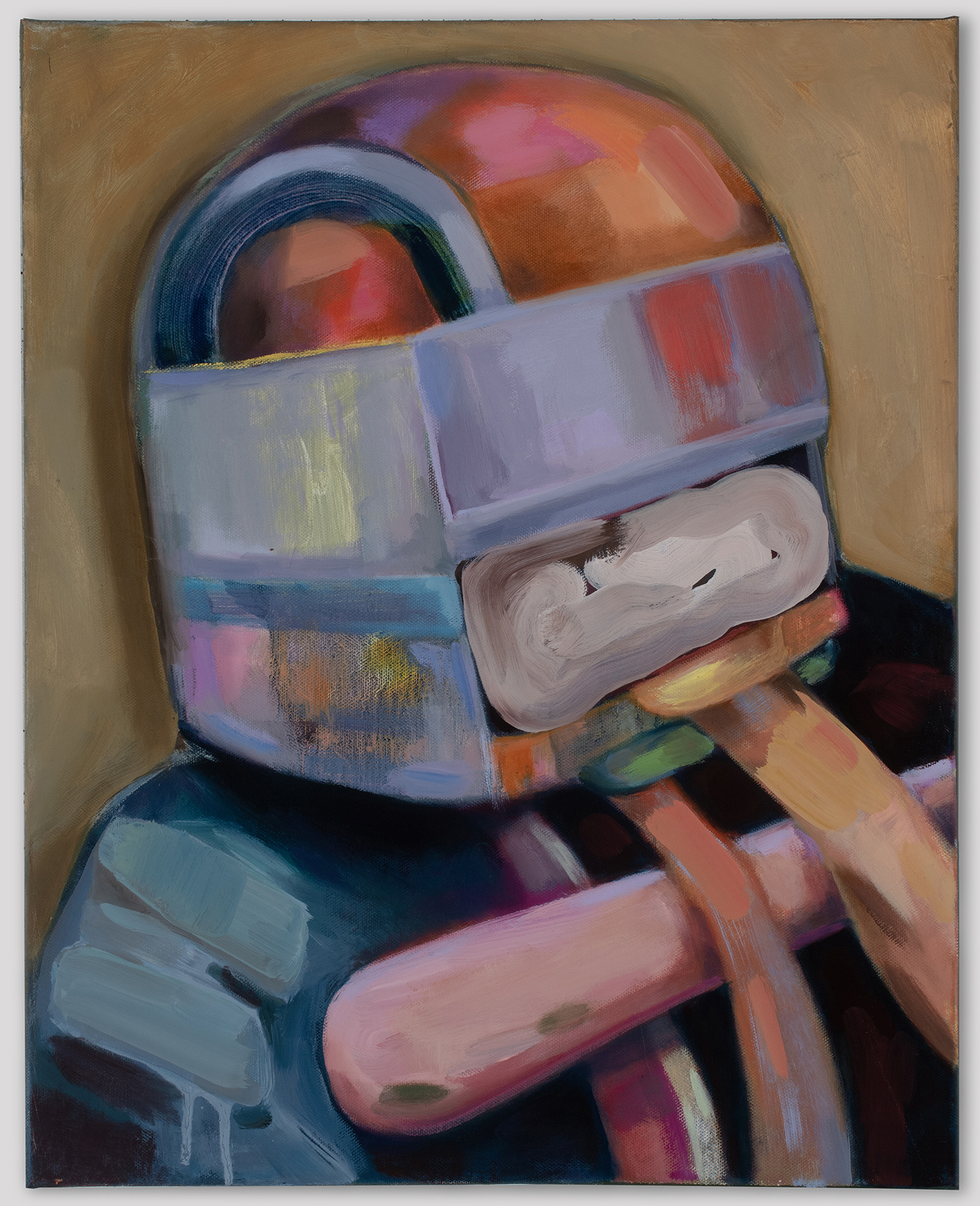 Colorful oil painting of a surreal human-like figure cropped to the head and shoulders.