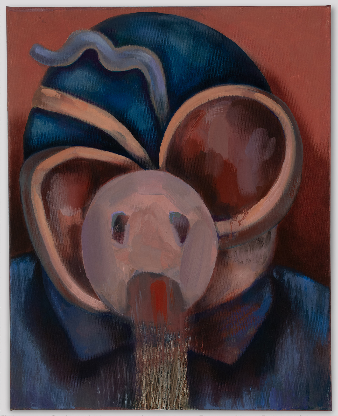 Colorful oil painting of a surreal human-like figure cropped to the head and shoulders.