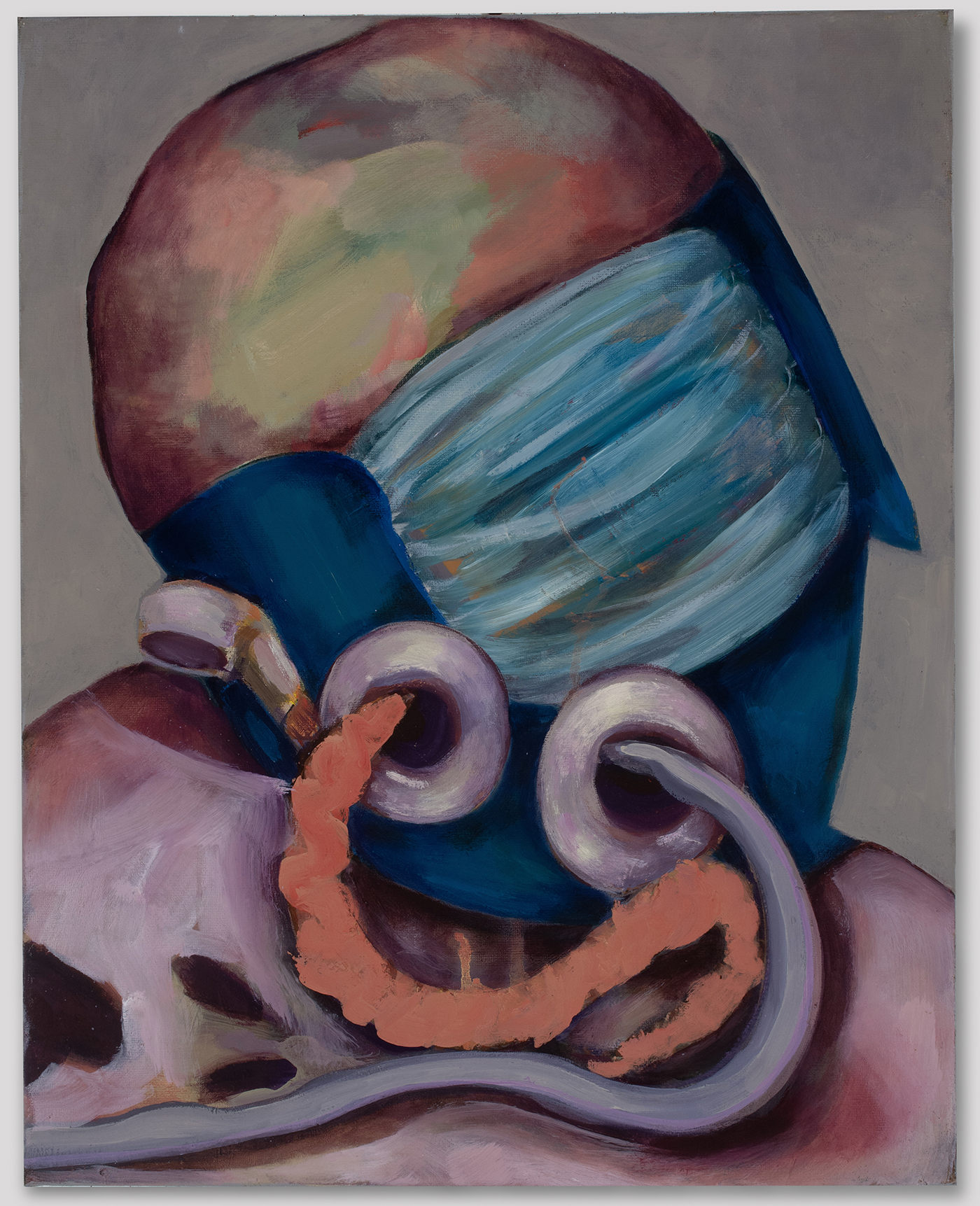 Colorful oil painting of a surreal human-like figure cropped to the head and shoulders.