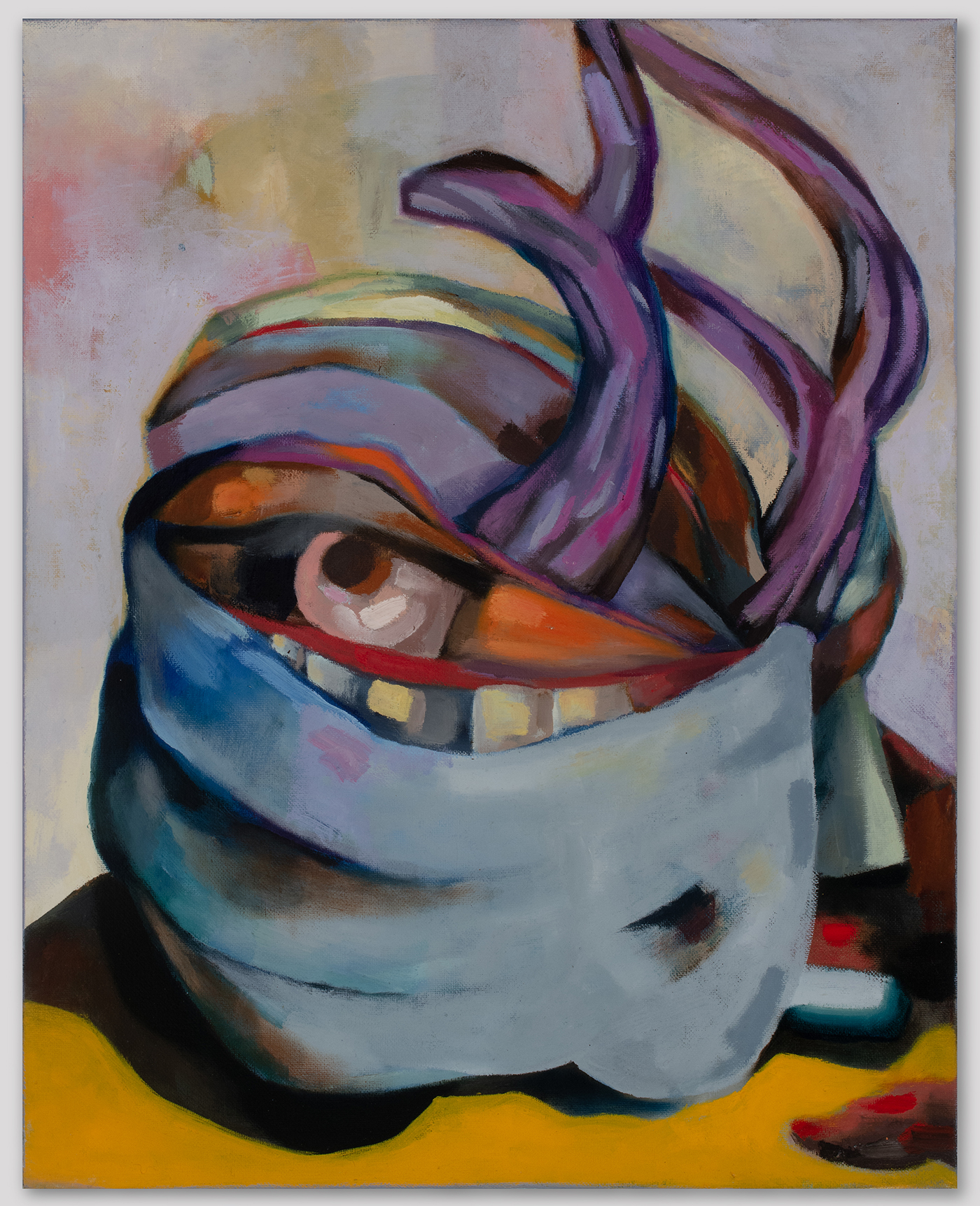 Colorful oil painting of a surreal human-like figure cropped to the head.