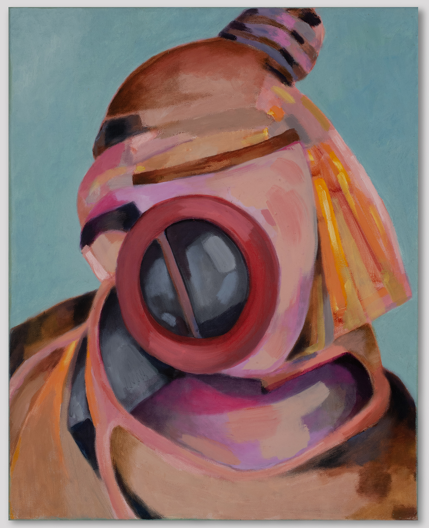 Colorful oil painting of a surreal human-like figure cropped to the head and shoulders.