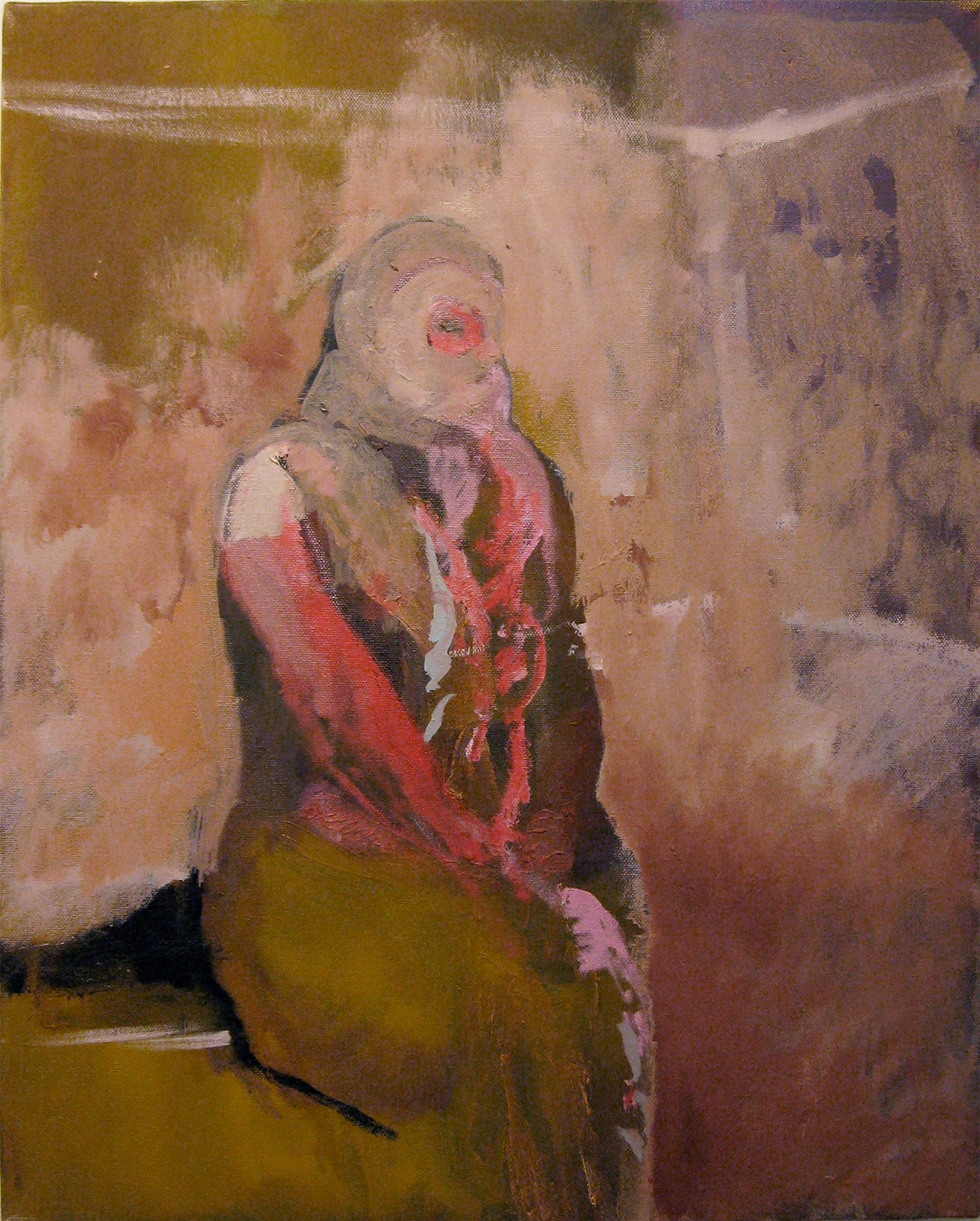 An abstract figure sitting in a room with its hands clasped between its knees